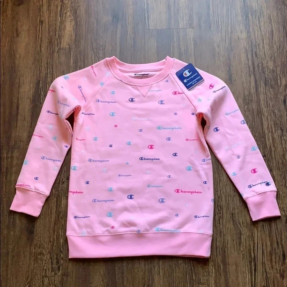 Girls Champion All Over Logo Pink Crewneck Sweatshirt Sz Medium NWT - Picture 1 of 12